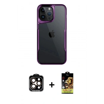 MARSİLYAN™- iPhone 15 Pro Max Kılıf Akış Çizgi Koleksiyonu - Siyah Buffer Cam Ekran Koruyucu + PVD Metal Kamera Lens - TU