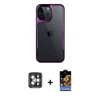 MARSİLYAN™- iPhone 15 Pro Max Kılıf Akış Çizgi Koleksiyonu - Siyah Buffer Hayalet Cam Ekran Koruyucu + PVD Metal Kamera Lens - GI