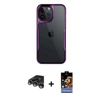 MARSİLYAN™- iPhone 15 Pro Max Kılıf Akış Çizgi Koleksiyonu - Siyah Buffer Hayalet Cam Ekran Koruyucu + Raze Metal Kamera Lens - GS