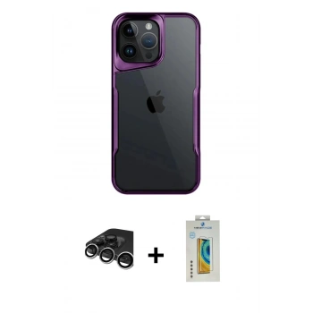 MARSİLYAN™- iPhone 15 Pro Max Kılıf Akış Çizgi Koleksiyonu - Siyah Polymer Nano Ekran Koruyucu + Raze Metal Kamera Lens - GS