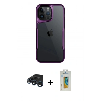 MARSİLYAN™- iPhone 15 Pro Max Kılıf Akış Çizgi Koleksiyonu - Siyah Polymer Nano Ekran Koruyucu + Raze Metal Kamera Lens - LT