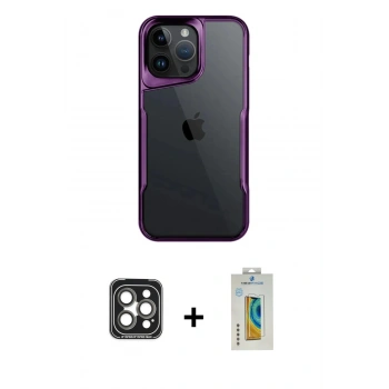 MARSİLYAN™- iPhone 15 Pro Max Kılıf Akış Çizgi Koleksiyonu - Siyah Polymer Nano Ekran Koruyucu + PVD Metal Kamera Lens - GI