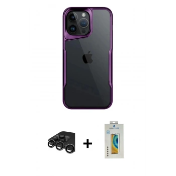 MARSİLYAN™- iPhone 15 Pro Max Kılıf Akış Çizgi Koleksiyonu - Siyah Polymer Nano Ekran Koruyucu + Raze Metal Kamera Lens - TMGI