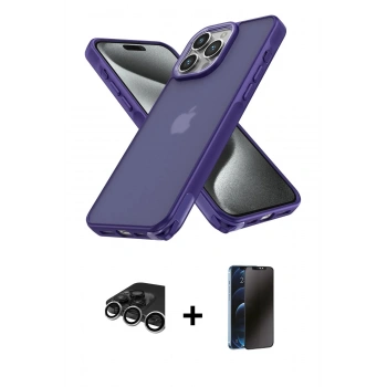 MARSİLYAN™- iPhone 15 Pro Max Kılıf Atlas Form - Siyah 3D Antistatik Hayalet Cam Ekran Koruyucu + Raze Metal Kamera Lens - GS
