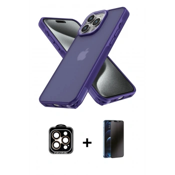 MARSİLYAN™- iPhone 15 Pro Max Kılıf Atlas Form - Siyah 3D Antistatik Hayalet Cam Ekran Koruyucu + PVD Metal Kamera Lens - TU