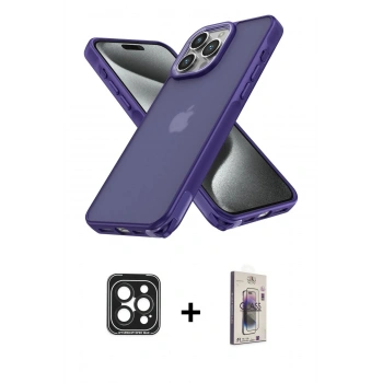 MARSİLYAN™- iPhone 15 Pro Max Kılıf Atlas Form - Siyah Bilvis 3D Cam Ekran Koruyucu + PVD Metal Kamera Lens - SH