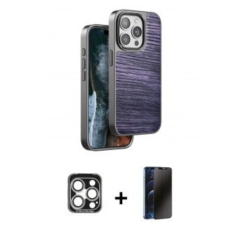 MARSİLYAN™- iPhone 15 Pro Max Kılıf Atlas Minimal Özel Seri - Siyah 3D Antistatik Hayalet Cam Ekran Koruyucu + PVD Metal Kamera Lens - GS