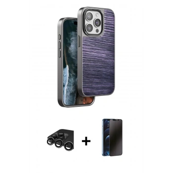 MARSİLYAN™- iPhone 15 Pro Max Kılıf Atlas Minimal Özel Seri - Siyah 3D Antistatik Hayalet Cam Ekran Koruyucu + Raze Metal Kamera Lens - TMGI