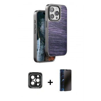 MARSİLYAN™- iPhone 15 Pro Max Kılıf Atlas Minimal Özel Seri - Siyah 3D Antistatik Hayalet Cam Ekran Koruyucu + PVD Metal Kamera Lens - SH