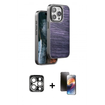 MARSİLYAN™- iPhone 15 Pro Max Kılıf Atlas Minimal Özel Seri - Siyah 3D Antistatik Mat Seramik Nano Ekran Koruyucu + PVD Metal Kamera Lens - GS