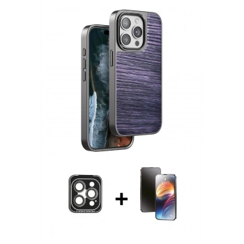 MARSİLYAN™- iPhone 15 Pro Max Kılıf Atlas Minimal Özel Seri - Siyah 3D Antistatik Mat Seramik Nano Ekran Koruyucu + PVD Metal Kamera Lens - GI