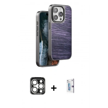 MARSİLYAN™- iPhone 15 Pro Max Kılıf Atlas Minimal Özel Seri - Siyah Bilvis 0.18mm Plus Cam Ekran Koruyucu + PVD Metal Kamera Lens - GS