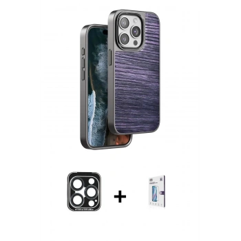 MARSİLYAN™- iPhone 15 Pro Max Kılıf Atlas Minimal Özel Seri - Siyah Bilvis 0.18mm Plus Cam Ekran Koruyucu + PVD Metal Kamera Lens - LT