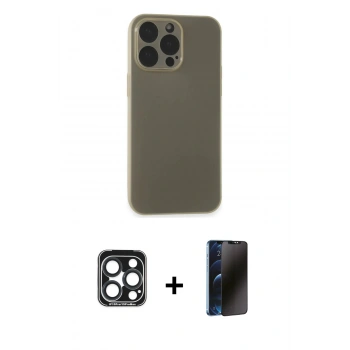 MARSİLYAN™- iPhone 15 Pro Max Kılıf Atlas Minimal Prime - Siyah 3D Antistatik Hayalet Cam Ekran Koruyucu + PVD Metal Kamera Lens - LT