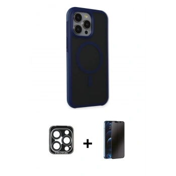 MARSİLYAN™- iPhone 15 Pro Max Kılıf Çekirdek Yansıma Prime - Siyah 3D Antistatik Hayalet Cam Ekran Koruyucu + PVD Metal Kamera Lens - LT