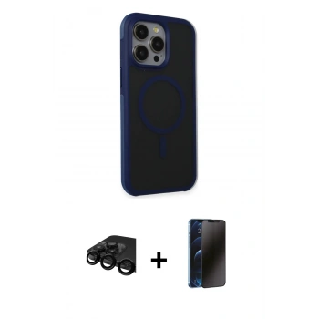 MARSİLYAN™- iPhone 15 Pro Max Kılıf Çekirdek Yansıma Prime - Siyah 3D Antistatik Hayalet Cam Ekran Koruyucu + Raze Metal Kamera Lens - SH