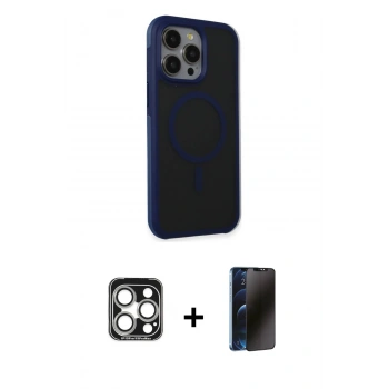 MARSİLYAN™- iPhone 15 Pro Max Kılıf Çekirdek Yansıma Prime - Siyah 3D Antistatik Hayalet Cam Ekran Koruyucu + PVD Metal Kamera Lens - GS