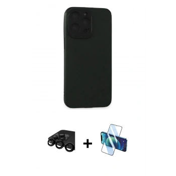MARSİLYAN™- iPhone 15 Pro Max Kılıf Doruk Asil Koleksiyonu - Siyah 3D Antistatik Seramik Nano Ekran Koruyucu + Raze Metal Kamera Lens - SH