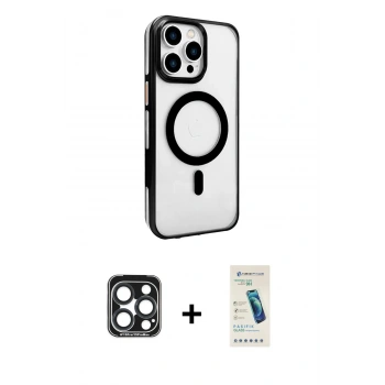 MARSİLYAN™- iPhone 15 Pro Max Kılıf Doruk Doku Özel Seri - Şeffaf Pasifik Cam Ekran Koruyucu + PVD Metal Kamera Lens - LT
