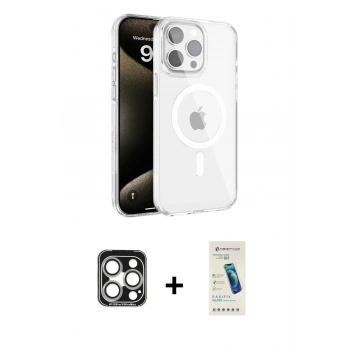 MARSİLYAN™- iPhone 15 Pro Max Kılıf Doruk Doku Özel Seri - Şeffaf Pasifik Cam Ekran Koruyucu + PVD Metal Kamera Lens - GS