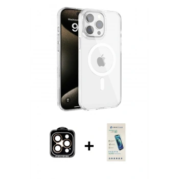 MARSİLYAN™- iPhone 15 Pro Max Kılıf Doruk Doku Özel Seri - Şeffaf Pasifik Cam Ekran Koruyucu + PVD Metal Kamera Lens - TU