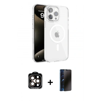 MARSİLYAN™- iPhone 15 Pro Max Kılıf Doruk Doku Özel Seri - Siyah 3D Antistatik Hayalet Cam Ekran Koruyucu + PVD Metal Kamera Lens - TU