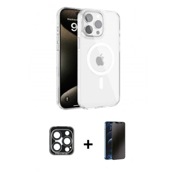 MARSİLYAN™- iPhone 15 Pro Max Kılıf Doruk Doku Özel Seri - Siyah 3D Antistatik Hayalet Cam Ekran Koruyucu + PVD Metal Kamera Lens - LT