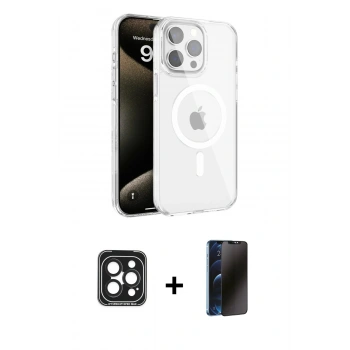 MARSİLYAN™- iPhone 15 Pro Max Kılıf Doruk Doku Özel Seri - Siyah 3D Antistatik Hayalet Cam Ekran Koruyucu + PVD Metal Kamera Lens - SH