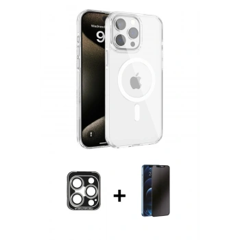MARSİLYAN™- iPhone 15 Pro Max Kılıf Doruk Doku Özel Seri - Siyah 3D Antistatik Hayalet Cam Ekran Koruyucu + PVD Metal Kamera Lens - GS