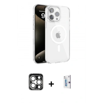 MARSİLYAN™- iPhone 15 Pro Max Kılıf Doruk Doku Özel Seri - Siyah Bilvis 0.18mm Plus Cam Ekran Koruyucu + PVD Metal Kamera Lens - GS