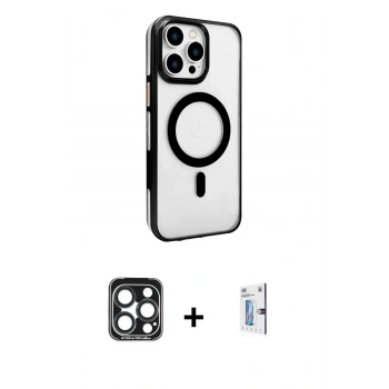 MARSİLYAN™- iPhone 15 Pro Max Kılıf Doruk Doku Özel Seri - Siyah Bilvis 0.18mm Plus Cam Ekran Koruyucu + PVD Metal Kamera Lens - LT
