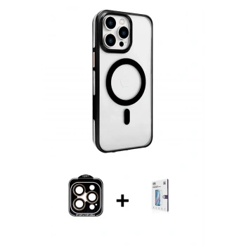 MARSİLYAN™- iPhone 15 Pro Max Kılıf Doruk Doku Özel Seri - Siyah Bilvis 0.18mm Plus Cam Ekran Koruyucu + PVD Metal Kamera Lens - TU