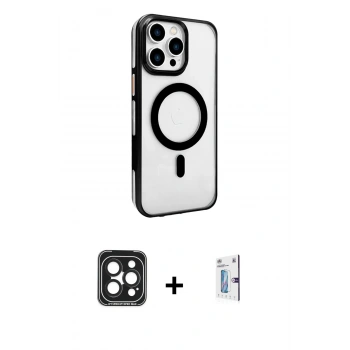 MARSİLYAN™- iPhone 15 Pro Max Kılıf Doruk Doku Özel Seri - Siyah Bilvis 0.18mm Plus Cam Ekran Koruyucu + PVD Metal Kamera Lens - SH