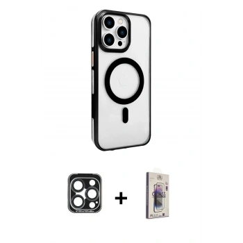 MARSİLYAN™- iPhone 15 Pro Max Kılıf Doruk Doku Özel Seri - Siyah Bilvis 3D Cam Ekran Koruyucu + PVD Metal Kamera Lens - LT