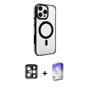 MARSİLYAN™- iPhone 15 Pro Max Kılıf Doruk Doku Özel Seri - Siyah Bilvis 5in1 3D Magic Cam Ekran Koruyucu + PVD Metal Kamera Lens - LT