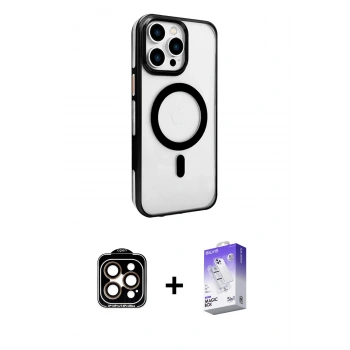 MARSİLYAN™- iPhone 15 Pro Max Kılıf Doruk Doku Özel Seri - Siyah Bilvis 5in1 3D Magic Cam Ekran Koruyucu + PVD Metal Kamera Lens - TU