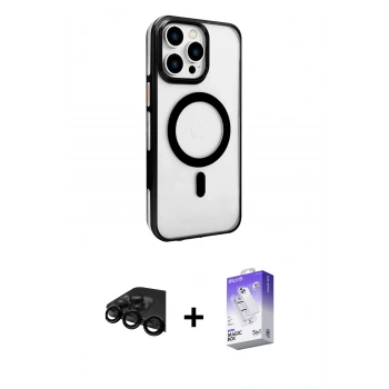 MARSİLYAN™- iPhone 15 Pro Max Kılıf Doruk Doku Özel Seri - Siyah Bilvis 5in1 3D Magic Cam Ekran Koruyucu + Raze Metal Kamera Lens - SH