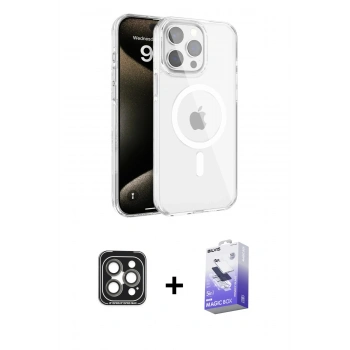 MARSİLYAN™- iPhone 15 Pro Max Kılıf Doruk Doku Özel Seri - Siyah Bilvis 5in1 5D Magic Hayalet Cam Ekran Koruyucu + PVD Metal Kamera Lens - GI