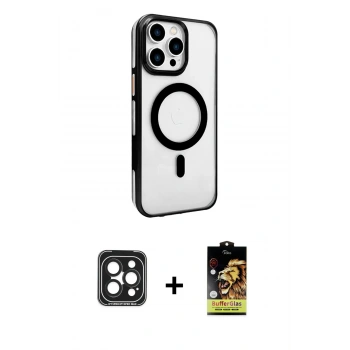 MARSİLYAN™- iPhone 15 Pro Max Kılıf Doruk Doku Özel Seri - Siyah Buffer Cam Ekran Koruyucu + PVD Metal Kamera Lens - SH