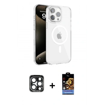 MARSİLYAN™- iPhone 15 Pro Max Kılıf Doruk Doku Özel Seri - Siyah Buffer Hayalet Cam Ekran Koruyucu + PVD Metal Kamera Lens - LT