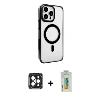 MARSİLYAN™- iPhone 15 Pro Max Kılıf Doruk Doku Özel Seri - Siyah Polymer Nano Ekran Koruyucu + PVD Metal Kamera Lens - SH