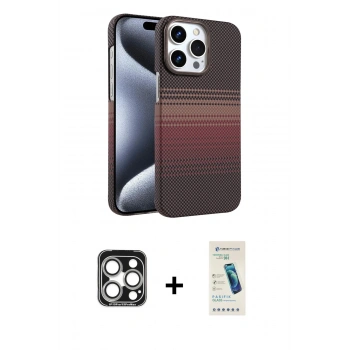MARSİLYAN™- iPhone 15 Pro Max Kılıf Doruk Serisi - Şeffaf Pasifik Cam Ekran Koruyucu + PVD Metal Kamera Lens - GS