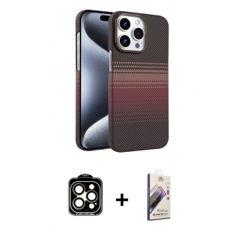 MARSİLYAN™- iPhone 15 Pro Max Kılıf Doruk Serisi - Siyah Bilvis 3D Mat Cam Ekran Koruyucu + PVD Metal Kamera Lens - TU