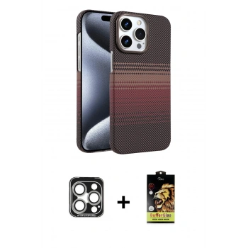 MARSİLYAN™- iPhone 15 Pro Max Kılıf Doruk Serisi - Siyah Buffer Cam Ekran Koruyucu + PVD Metal Kamera Lens - GS