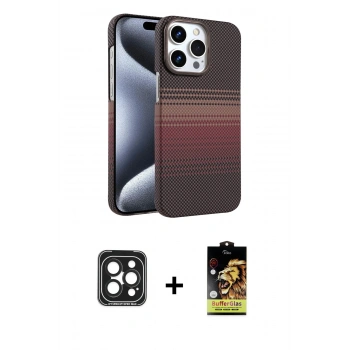 MARSİLYAN™- iPhone 15 Pro Max Kılıf Doruk Serisi - Siyah Buffer Cam Ekran Koruyucu + PVD Metal Kamera Lens - SH