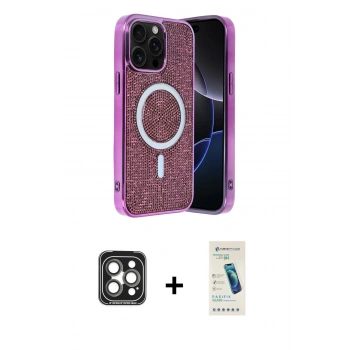 MARSİLYAN™- iPhone 15 Pro Max Kılıf Eksen Çizgi - Şeffaf Pasifik Cam Ekran Koruyucu + PVD Metal Kamera Lens - GI
