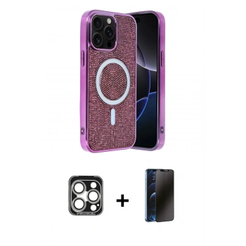 MARSİLYAN™- iPhone 15 Pro Max Kılıf Eksen Çizgi - Siyah 3D Antistatik Hayalet Cam Ekran Koruyucu + PVD Metal Kamera Lens - GS