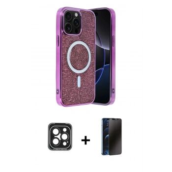 MARSİLYAN™- iPhone 15 Pro Max Kılıf Eksen Çizgi - Siyah 3D Antistatik Hayalet Cam Ekran Koruyucu + PVD Metal Kamera Lens - SH