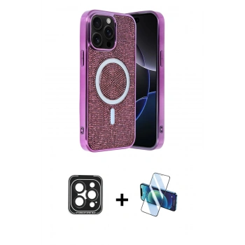MARSİLYAN™- iPhone 15 Pro Max Kılıf Eksen Çizgi - Siyah 3D Antistatik Seramik Nano Ekran Koruyucu + PVD Metal Kamera Lens - SH