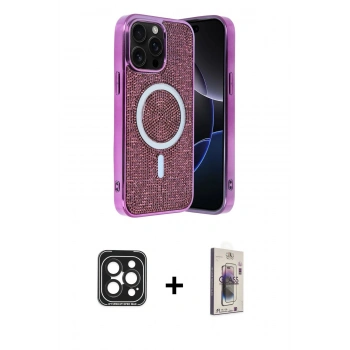 MARSİLYAN™- iPhone 15 Pro Max Kılıf Eksen Çizgi - Siyah Bilvis 3D Cam Ekran Koruyucu + PVD Metal Kamera Lens - SH